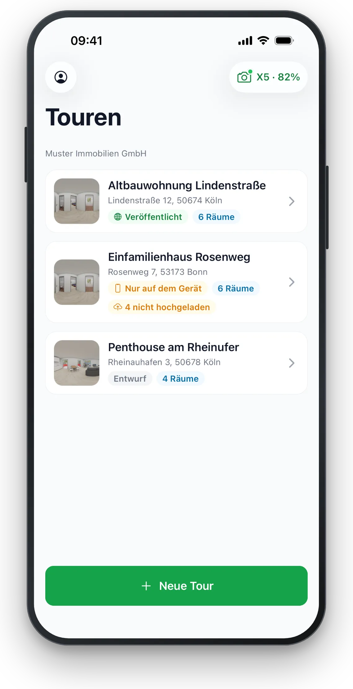 Tourenliste mit veröffentlichter Tour, Entwurf und Tour auf dem Gerät