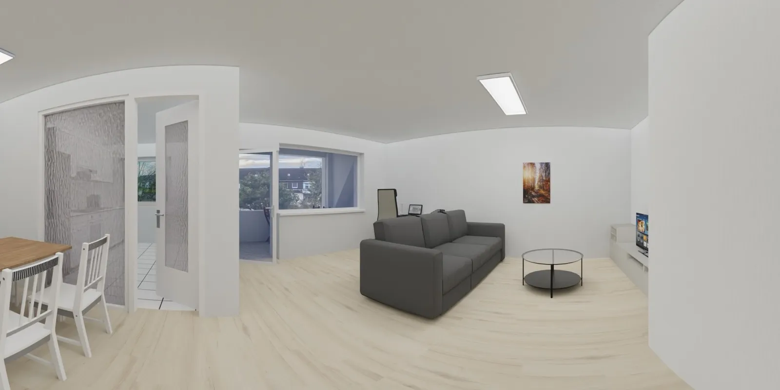 360°-Panorama eines hellen Wohnzimmers