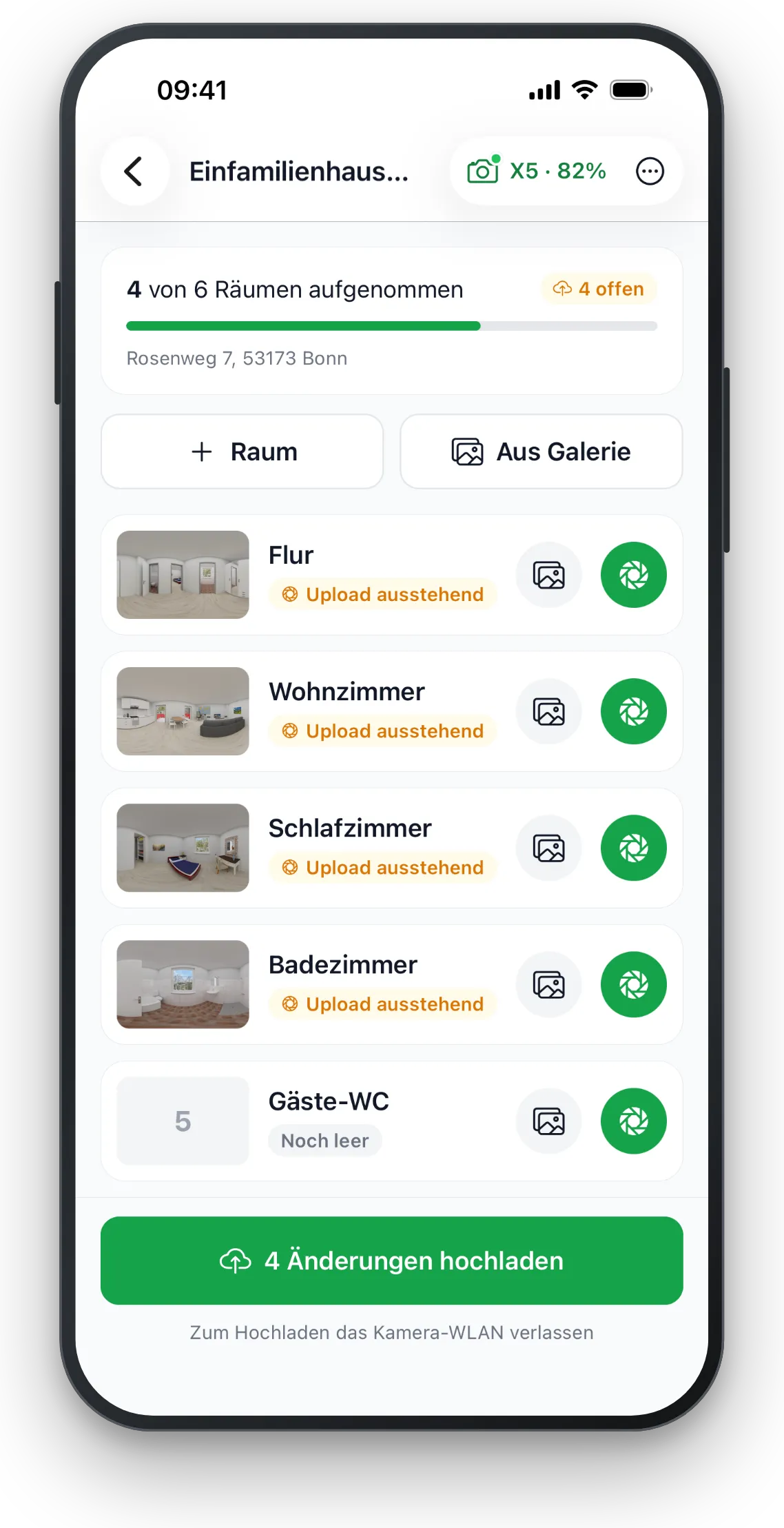 Raumliste mit Flur, Wohnzimmer, Schlafzimmer und Badezimmer