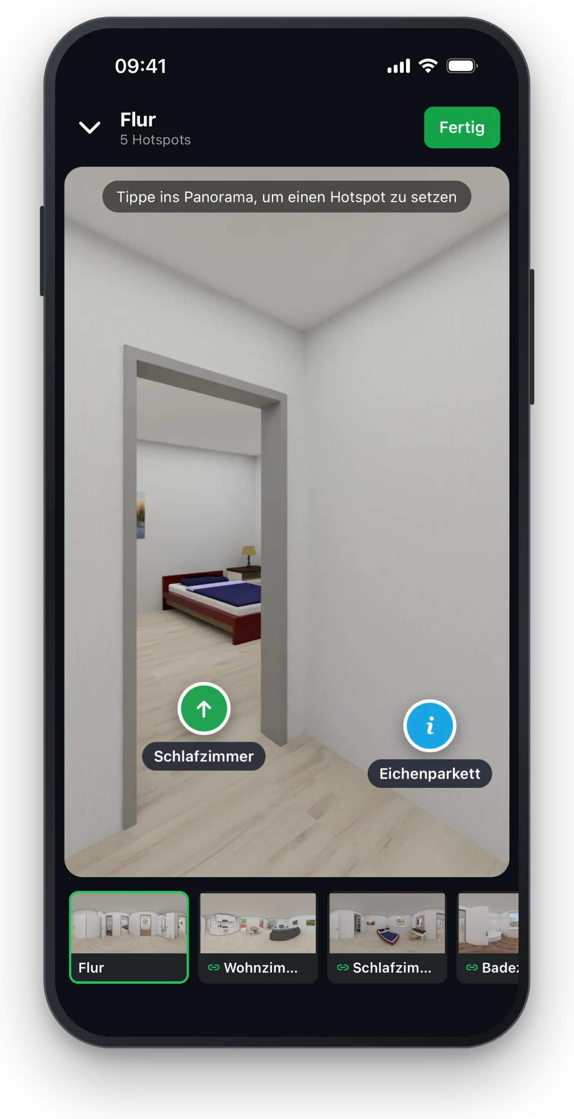 Hotspot-Editor im Flur mit Wegen ins Schlafzimmer und Info-Hotspot