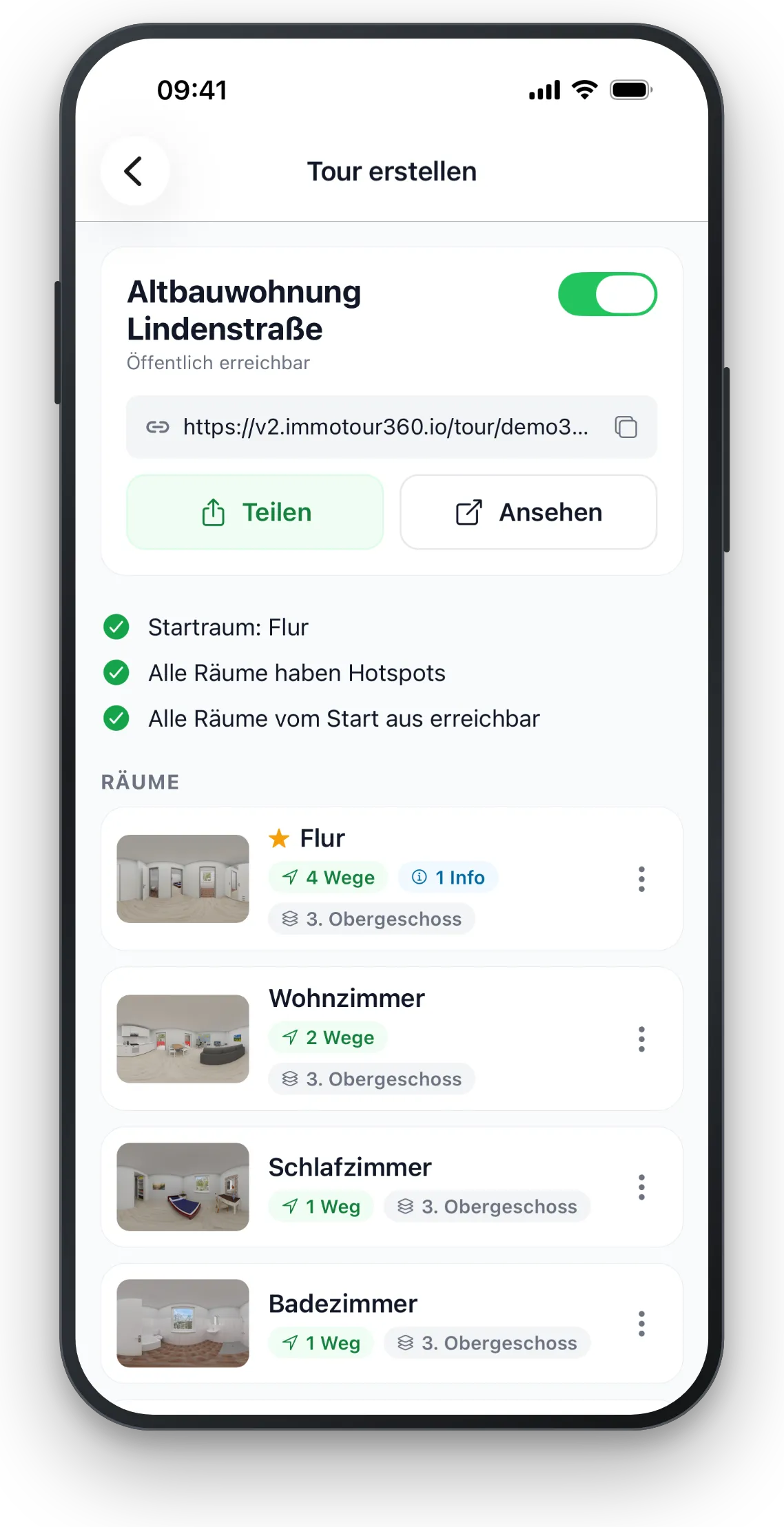 Tour veröffentlichen mit Link, Prüfliste und Raumübersicht