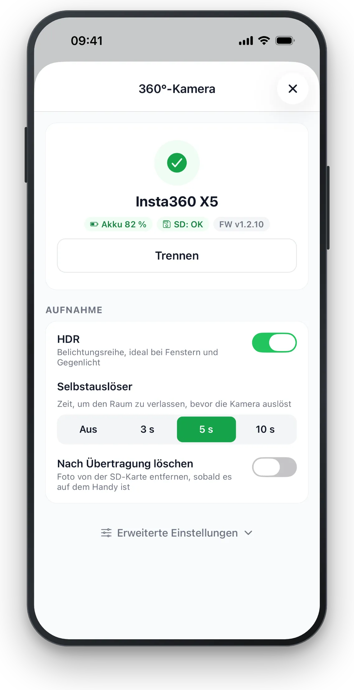 Kamera-Einstellungen: Insta360 X5 verbunden, HDR und Selbstauslöser