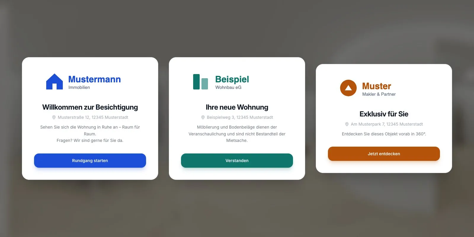 Drei Start-Modals für verschiedene Kunden mit eigenem Logo und eigener Button-Farbe