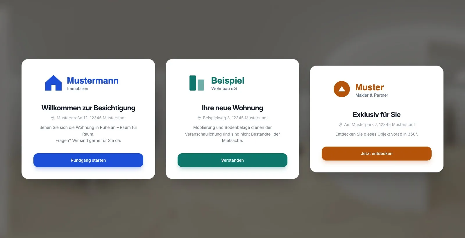 Drei Start-Modals für unterschiedliche Kunden mit eigenem Logo, Text und Button-Farbe (Beispiele)