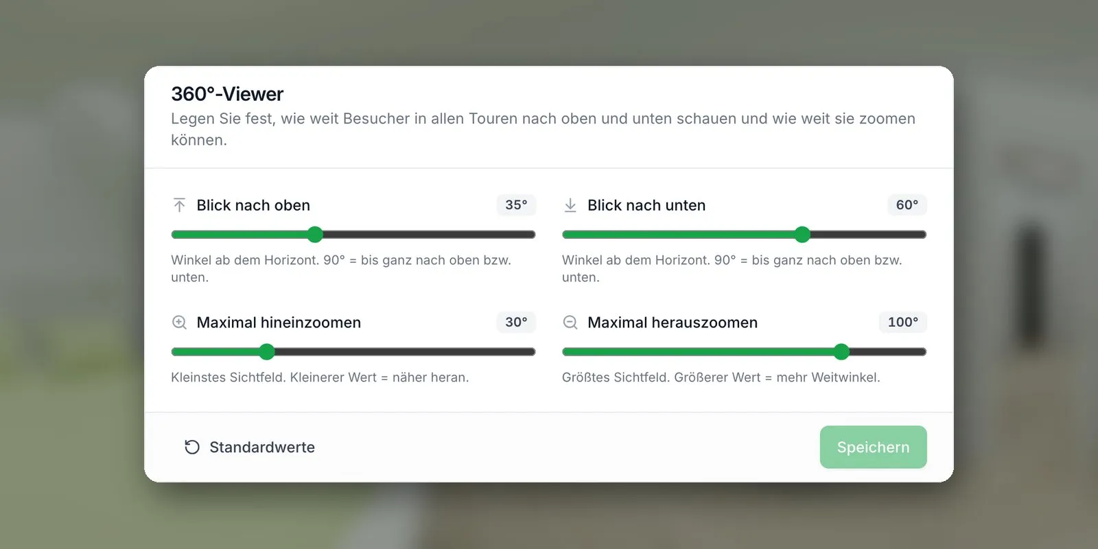 Einstellungen für den 360°-Viewer in Immotour360 mit Reglern für Blickwinkel und Zoom