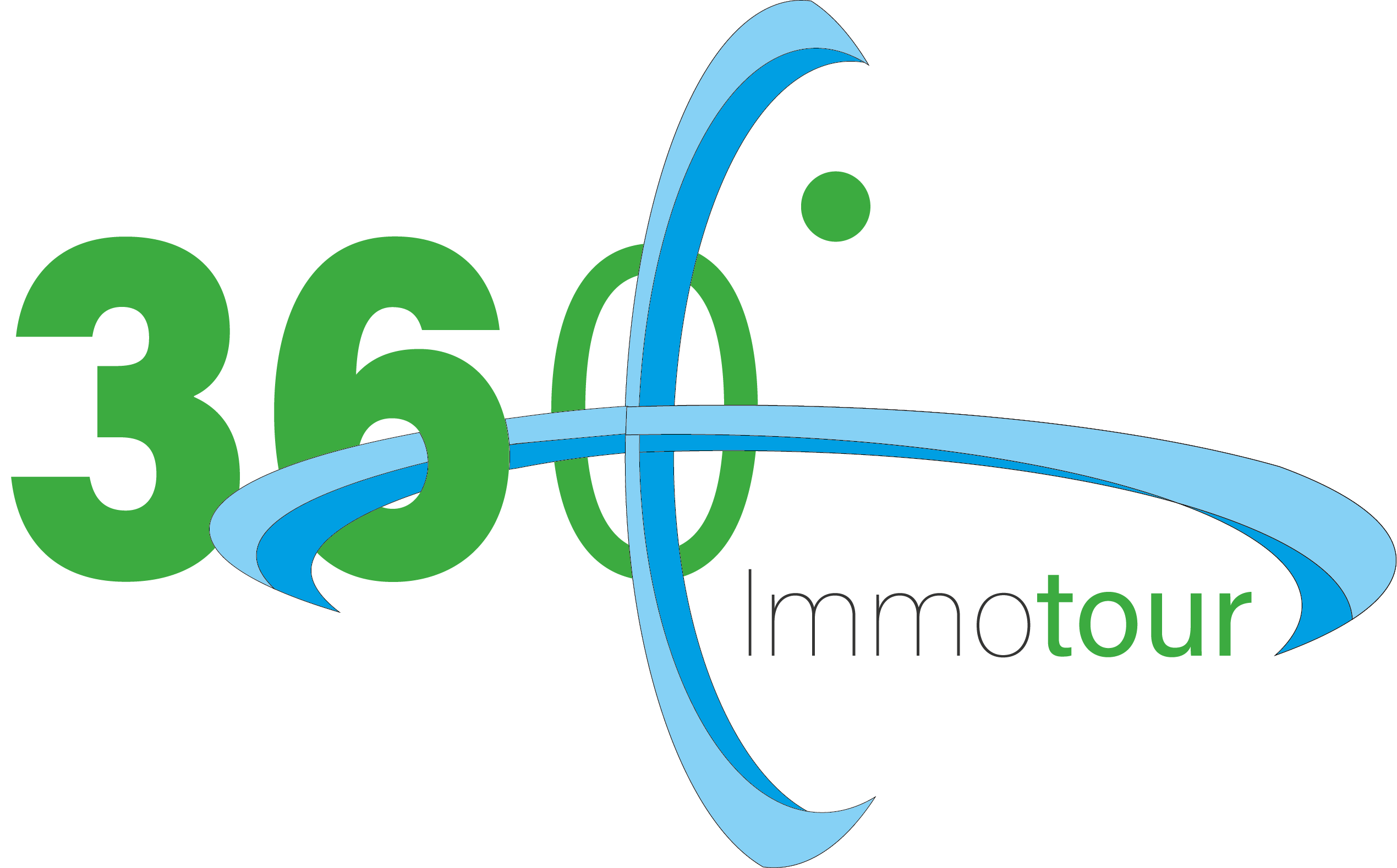 Logo von Immotour360 mit der Zahl 360 und geschwungenen Linien in Blau und Grün, symbolisiert innovative virtuelle Touren.