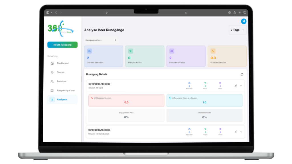 Screenshot der Analyseoberfläche von Immotour360, zeigt Statistiken zu Rundgängen, Nutzerinteraktionen und Engagement-Raten in einem modernen, übersichtlichen Design.