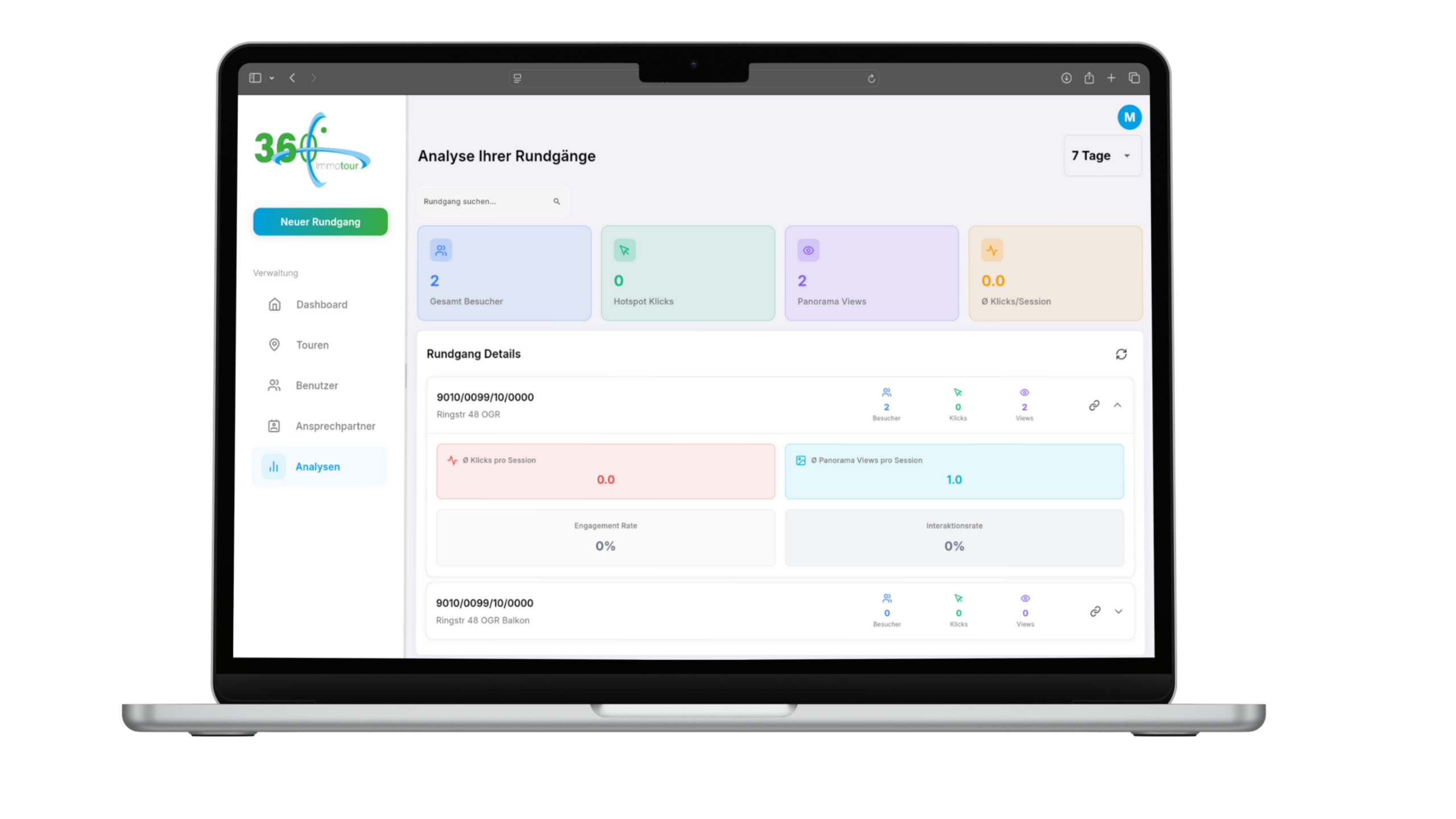 Screenshot der Immotour360 Plattform, zeigt Analyse-Dashboard für 360°-Rundgänge mit Kennzahlen wie Benutzeranzahl und Engagement-Rate.