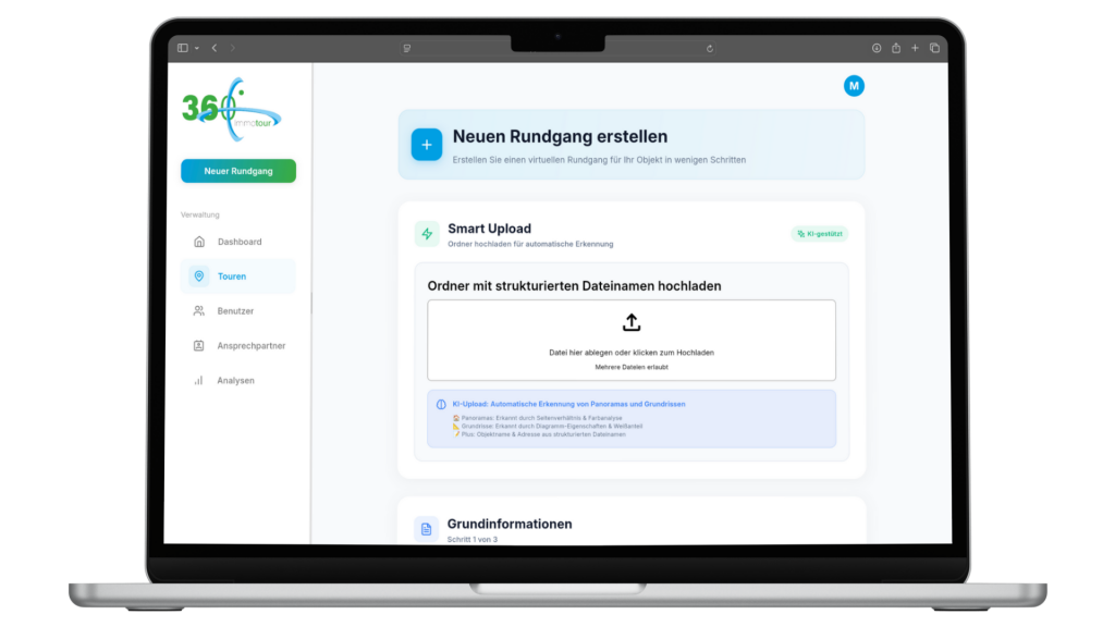 Screenshot der Immotour360 Benutzeroberfläche zur Erstellung von 360°-Rundgängen, zeigt Funktionen wie Smart Upload und Grundinformationen.