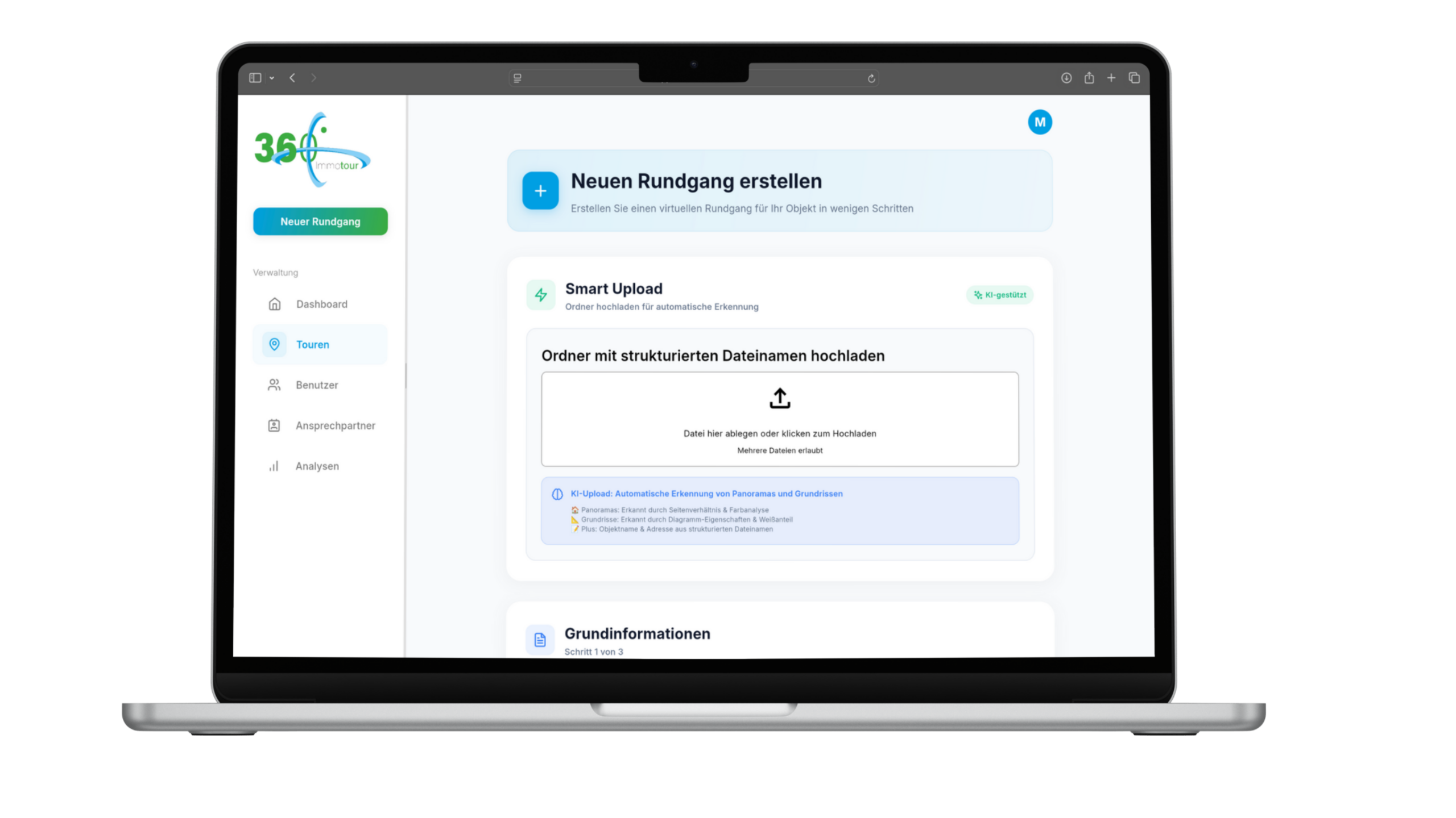 Screenshot der Immotour360 Plattform, die die Funktion zum Erstellen neuer 360°-Rundgänge zeigt. Die Benutzeroberfläche ist klar strukturiert und bietet Optionen wie 'Smart Upload' und 'Grundinformationen'.