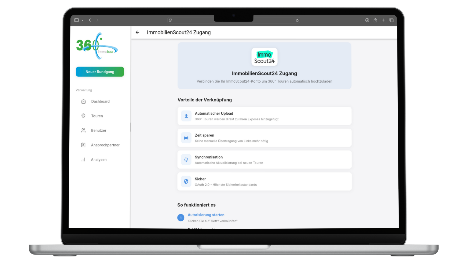 Screenshot der Immotour360 Plattform, die den Zugang zu ImmobilienScout24 zeigt. Funktionen wie automatischer Upload, Zeit sparen und Synchronisation sind aufgeführt.