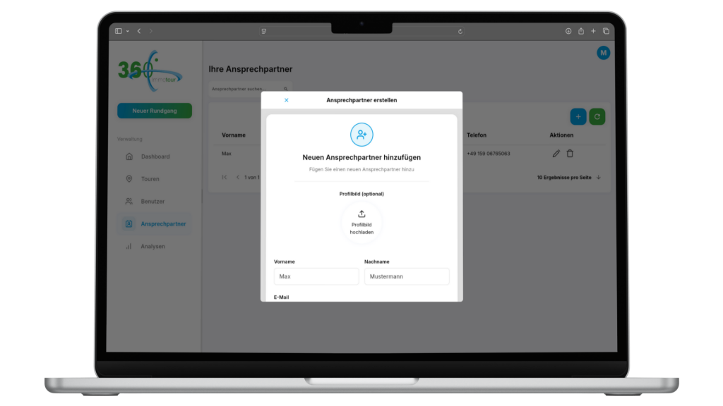 Screenshot der Immotour360-Oberfläche zur Erstellung von Ansprechpartnern mit Feldern für Vorname, Nachname und Telefonnummer.