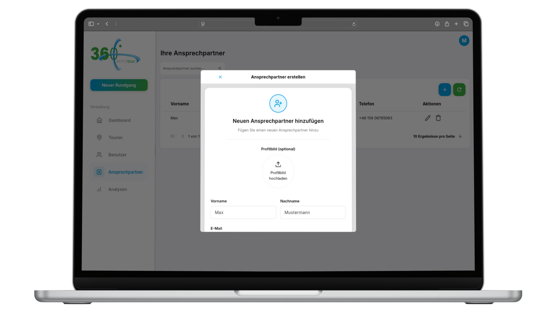 Screenshot der Immotour360-Oberfläche zur Erstellung von Ansprechpartnern mit Feldern für Vorname, Nachname und Telefonnummer.
