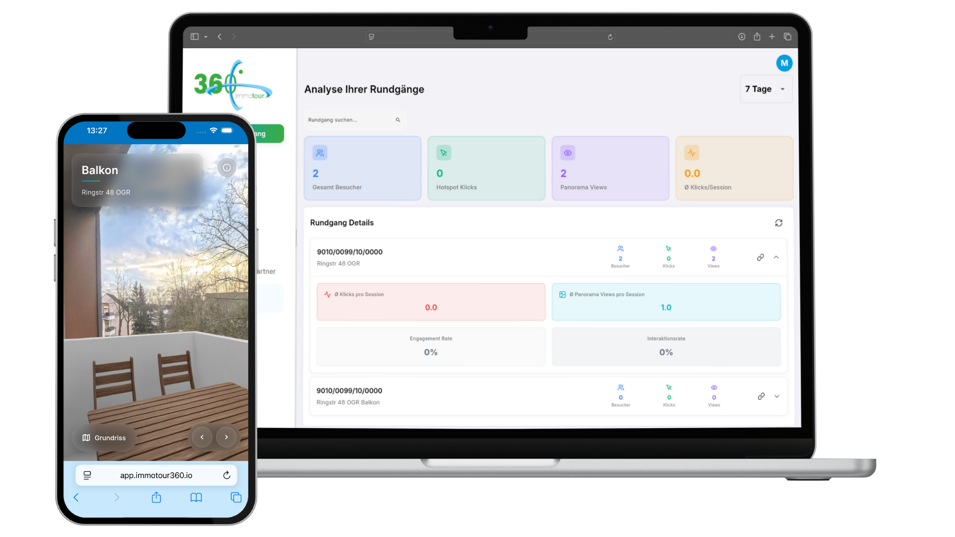 Screenshot der Immotour360 Software zeigt eine Analyse der 360°-Rundgänge mit Statistiken zu Benutzerinteraktionen, Engagement-Rate und Panorama-Ansichten. Auf einem Smartphone ist eine virtuelle Tour eines Balkons sichtbar.
