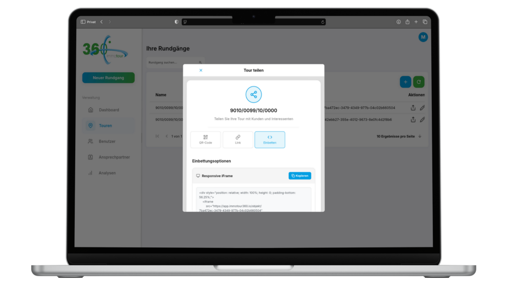 Screenshot der Immotour360-Oberfläche mit einer Übersicht über erstellte 360°-Touren, inklusive Optionen zur Analyse und Bearbeitung der Touren.
