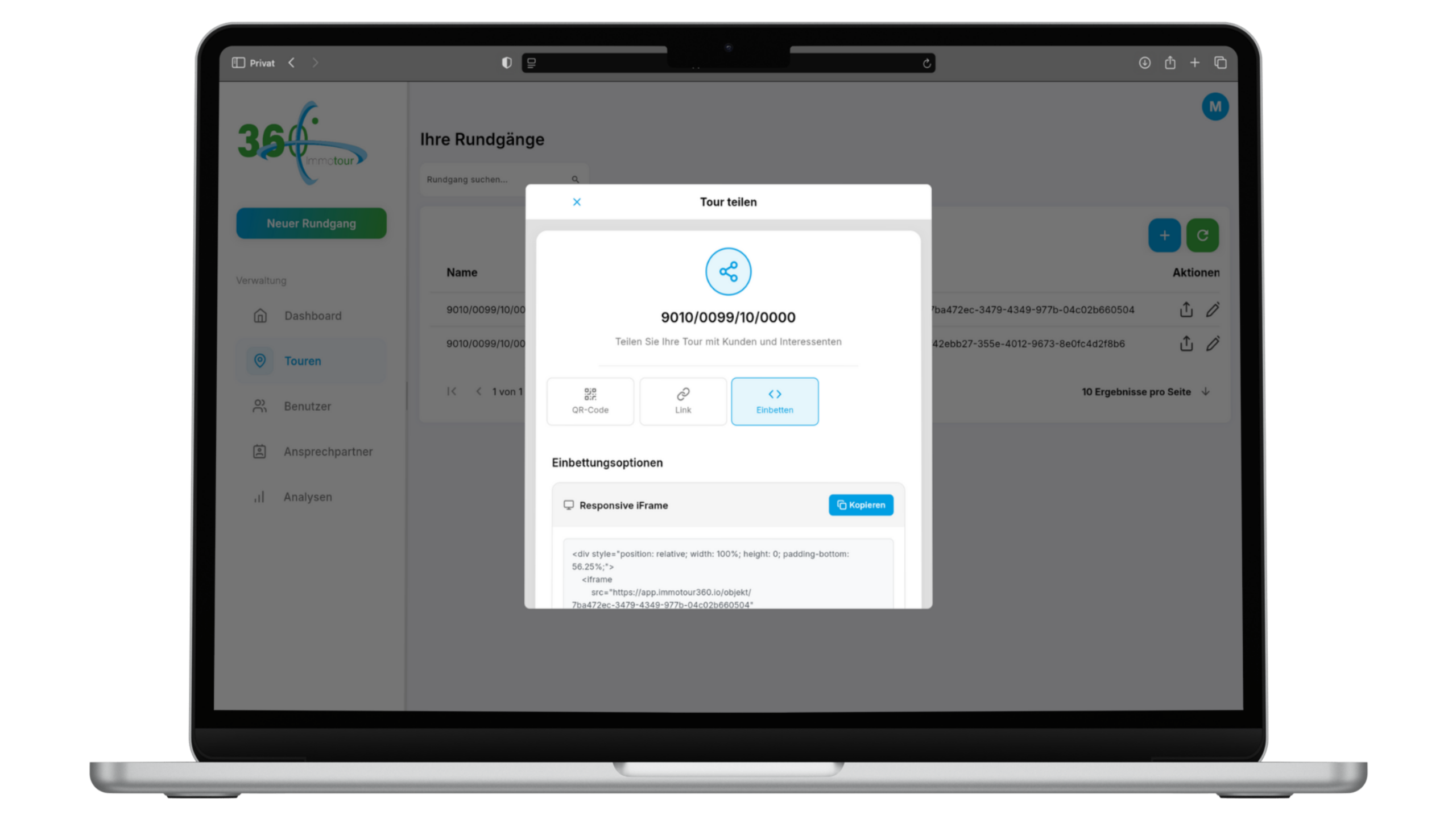 Screenshot der Immotour360-Oberfläche mit einer Übersicht über erstellte 360°-Touren, inklusive Optionen zur Analyse und Bearbeitung der Touren.