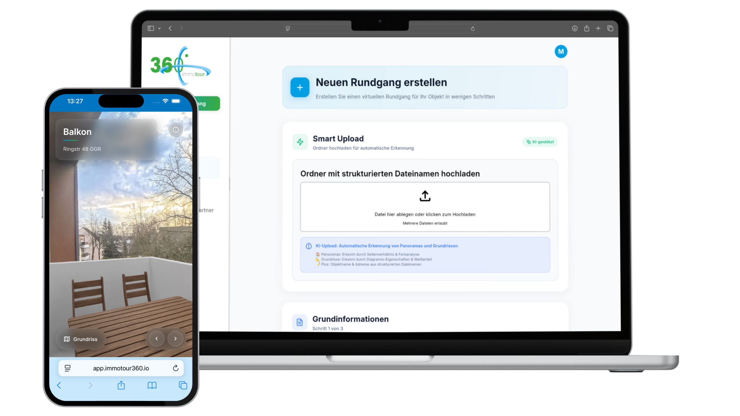 Screenshot der Immotour360 Plattform mit Smartphone und Laptop. Auf dem Smartphone wird ein Balkon angezeigt, während auf dem Laptop die Benutzeroberfläche zur Erstellung eines neuen Rundgangs sichtbar ist.